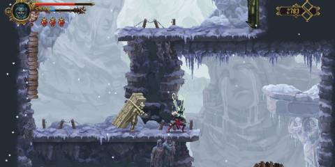 The Penitent One traveling through a snowy landscape with rock formations that look like weeping faces