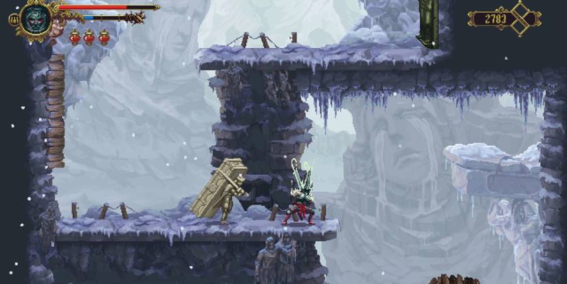 The Penitent One traveling through a snowy landscape with rock formations that look like weeping faces