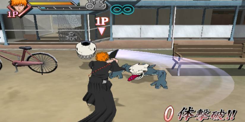 Ichigo swinging his sword at a Hollow oat his school