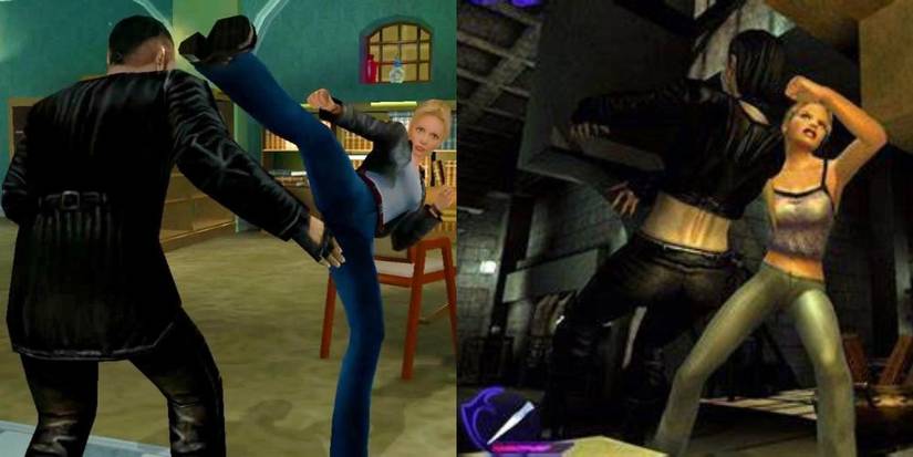 Buffy the Vampire Slayer kicking villain and throwing villain in Chaos Bleeds