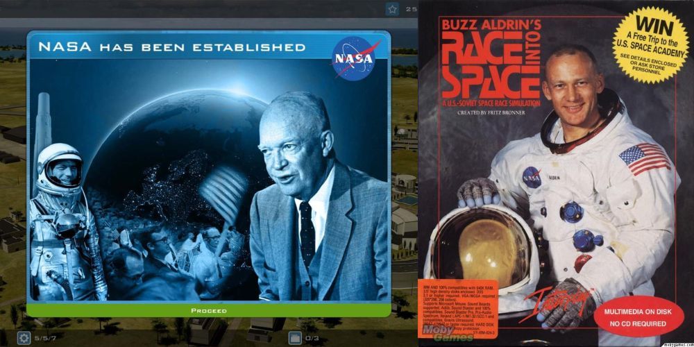 Buzz Aldrin in astronaut suit on Race Into Space game cover next to NASA Space Program Managerscreenshot