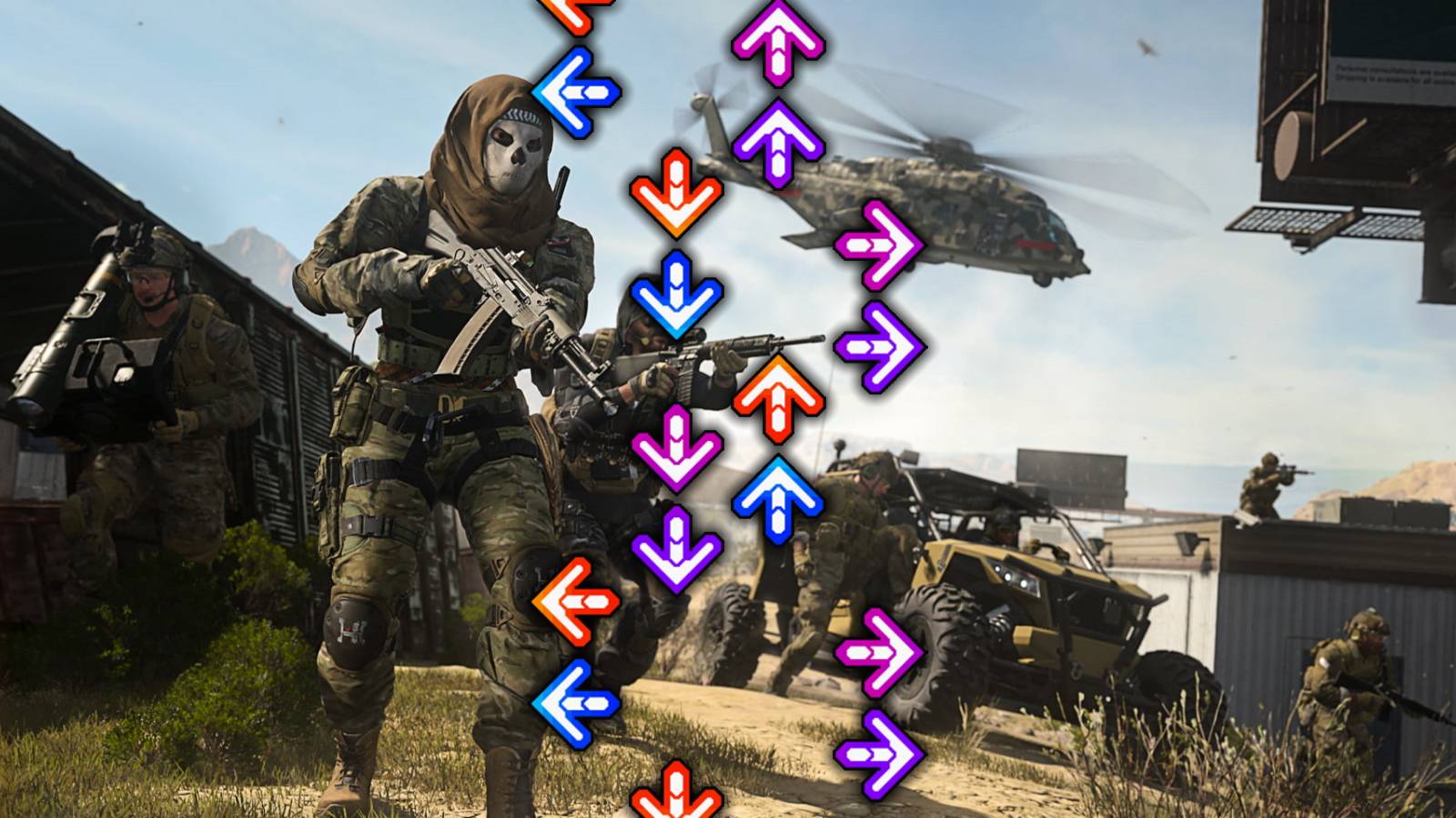 Call of Duty Warzone 2 screenshot overlayed with Dance Dance Revolution steps