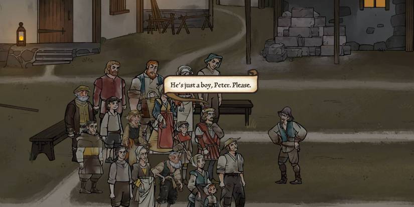 A screen of Pentiment showing Andreas and Caspar standing in a crowd