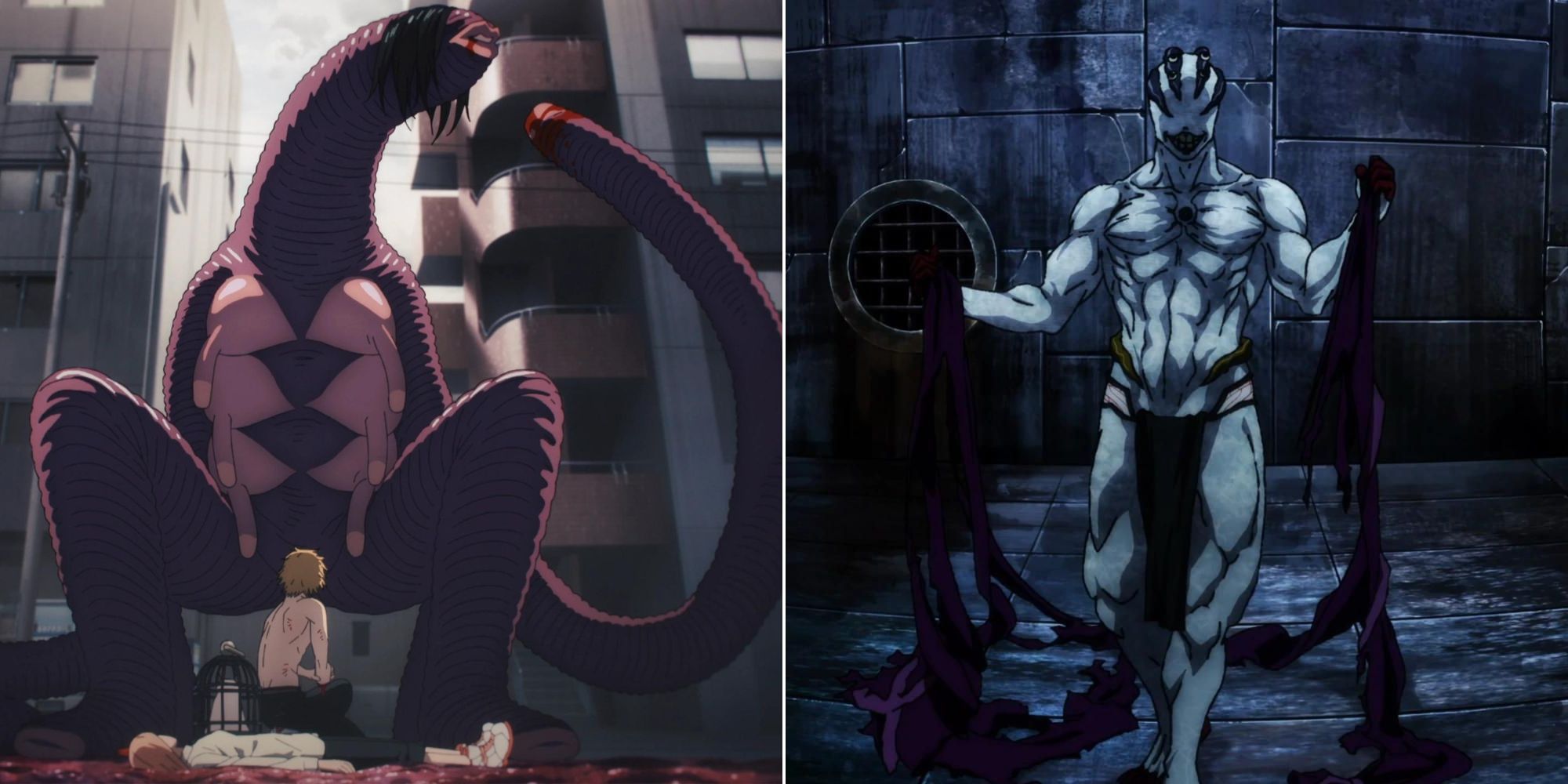 Split image of the leech devil from chainsaw man and a special grade cursed spirit from jujutsu kaisen