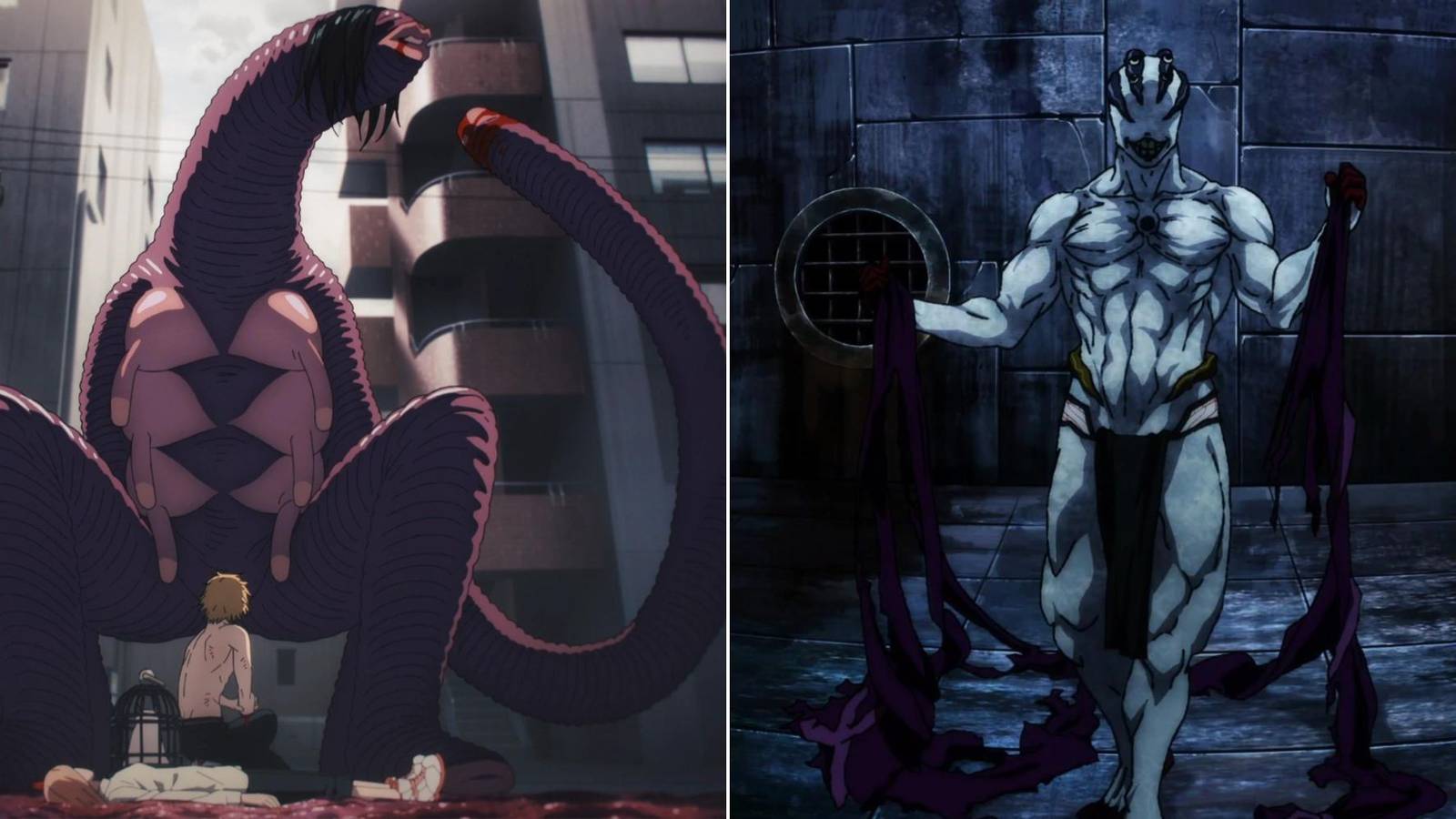 Split image of the leech devil from chainsaw man and a special grade cursed spirit from jujutsu kaisen