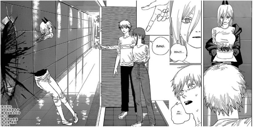 Read left to right, panels from the Chainsaw Man manga showing Power holding a cake, then being shot by Makima