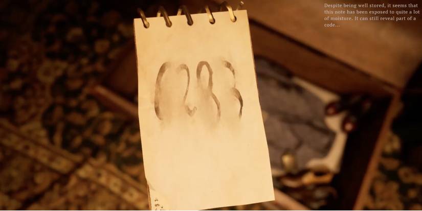 Player finds a notepad with access codes on it in Lewelin Manor