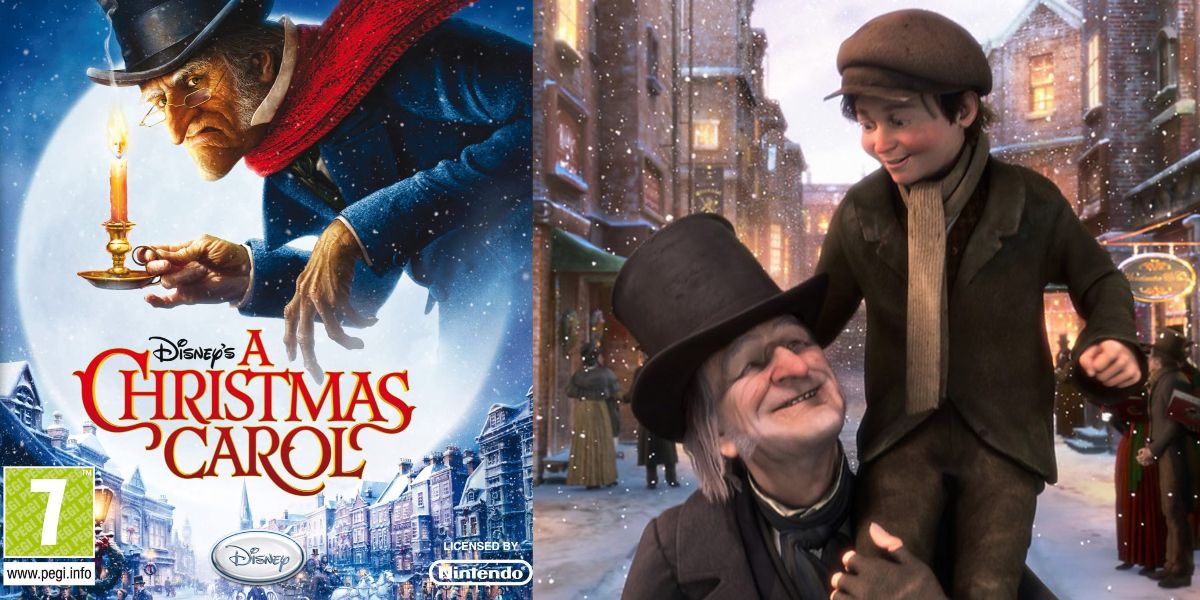 Cover for the A Christmas Carol video game next to Scrooge from the movie