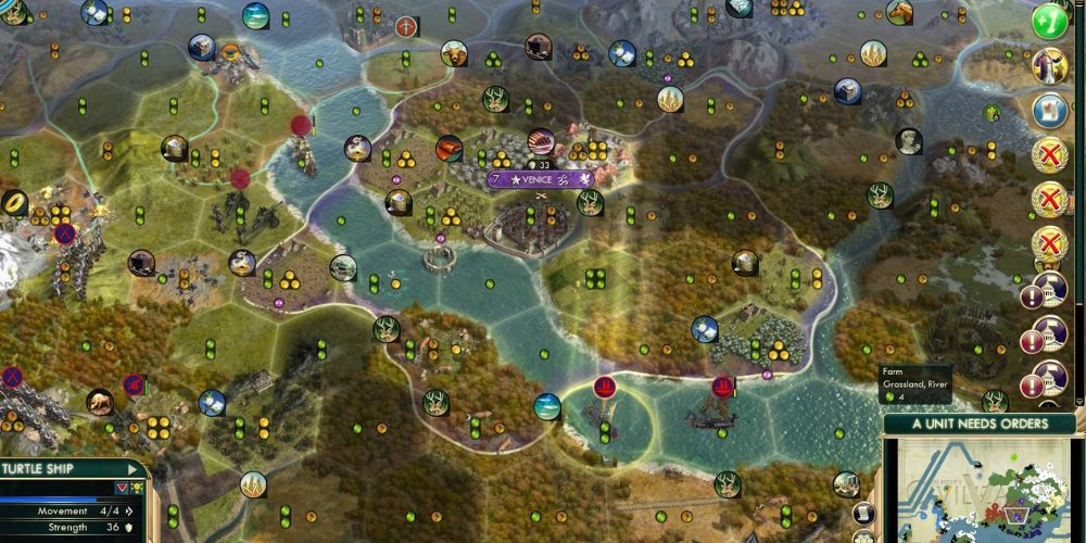 Overhead view of Civilization 5 with river between two cities