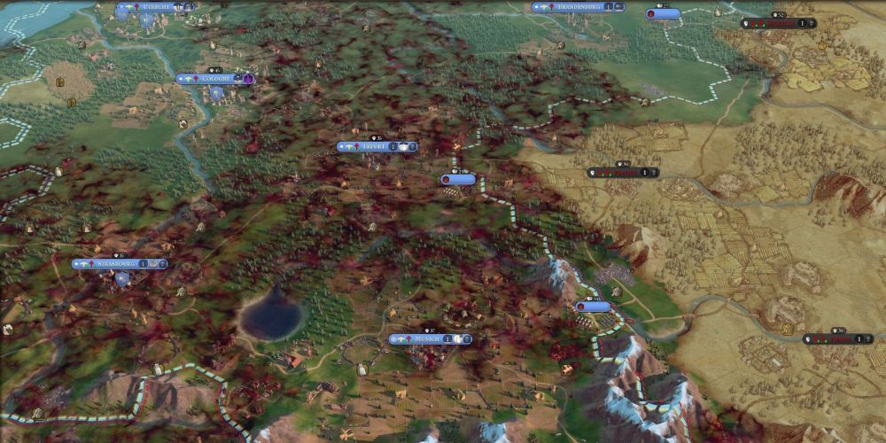 Overhead view of black death effecting cities in Civilization 6