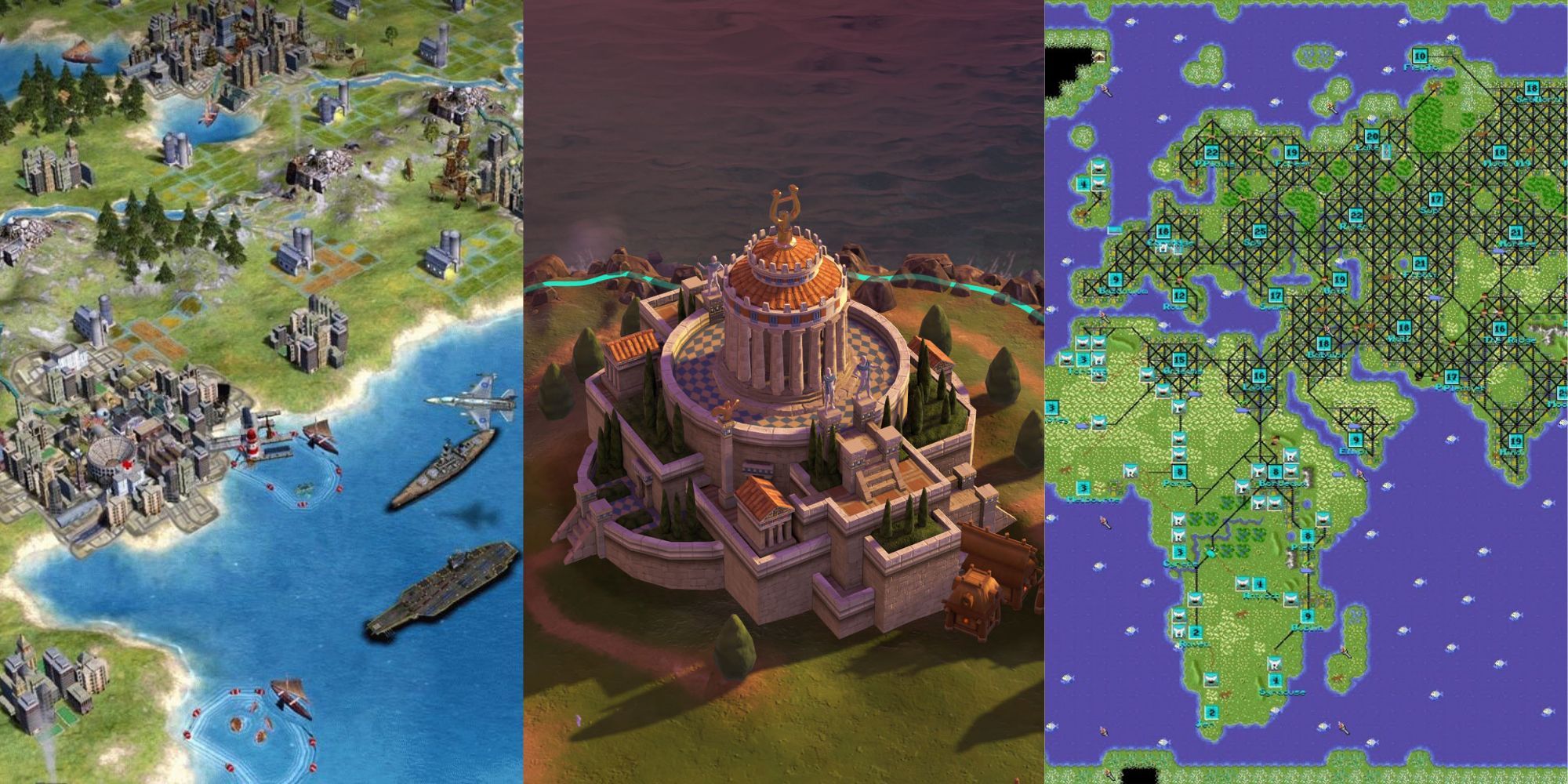 Civilization 1, 4, and 6 screenshots with wonder and ships
