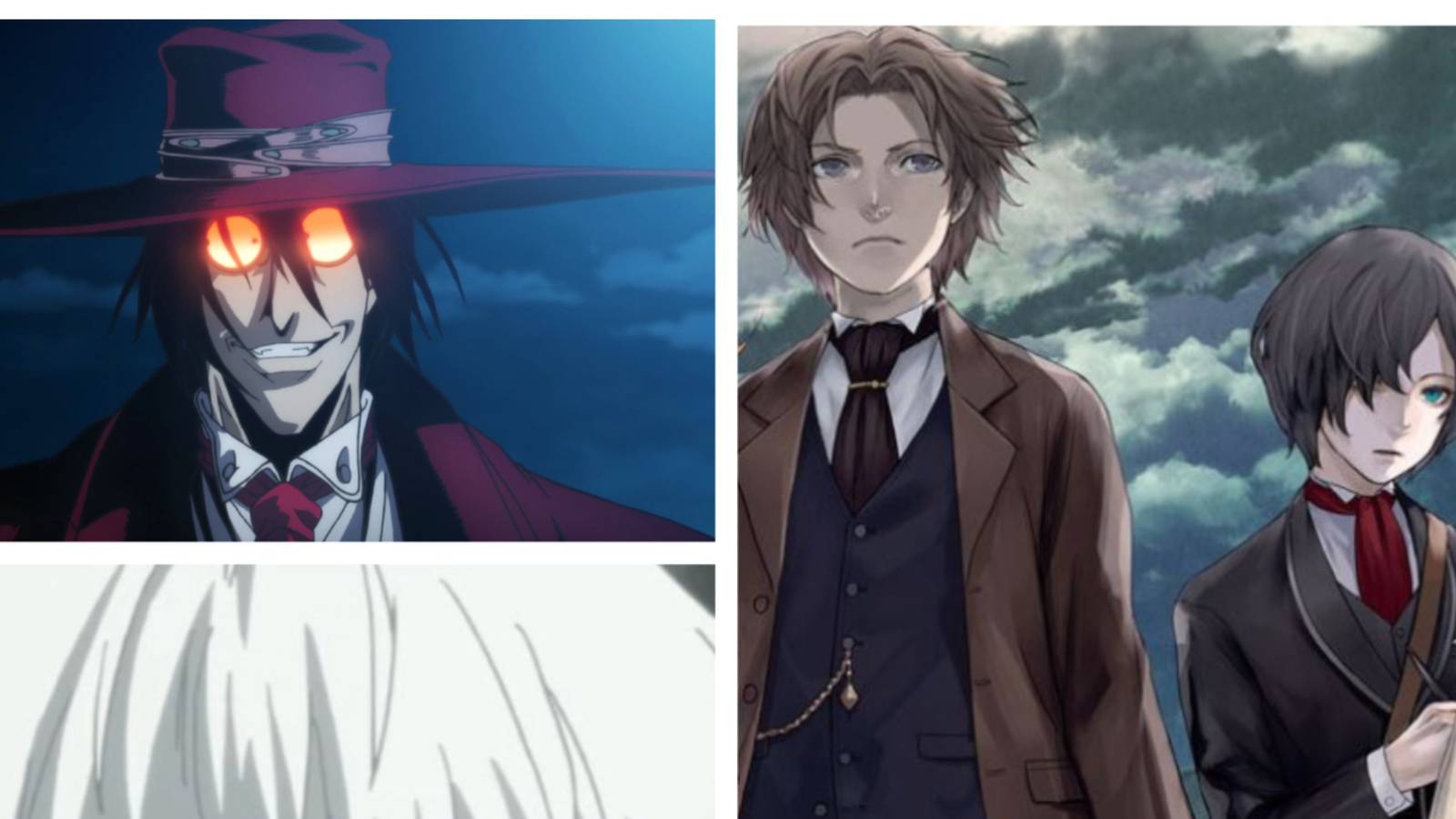 John H. Watson and Friday from The Empire Of Corpses standing together, and Alucard from Hellsing staring at the camera