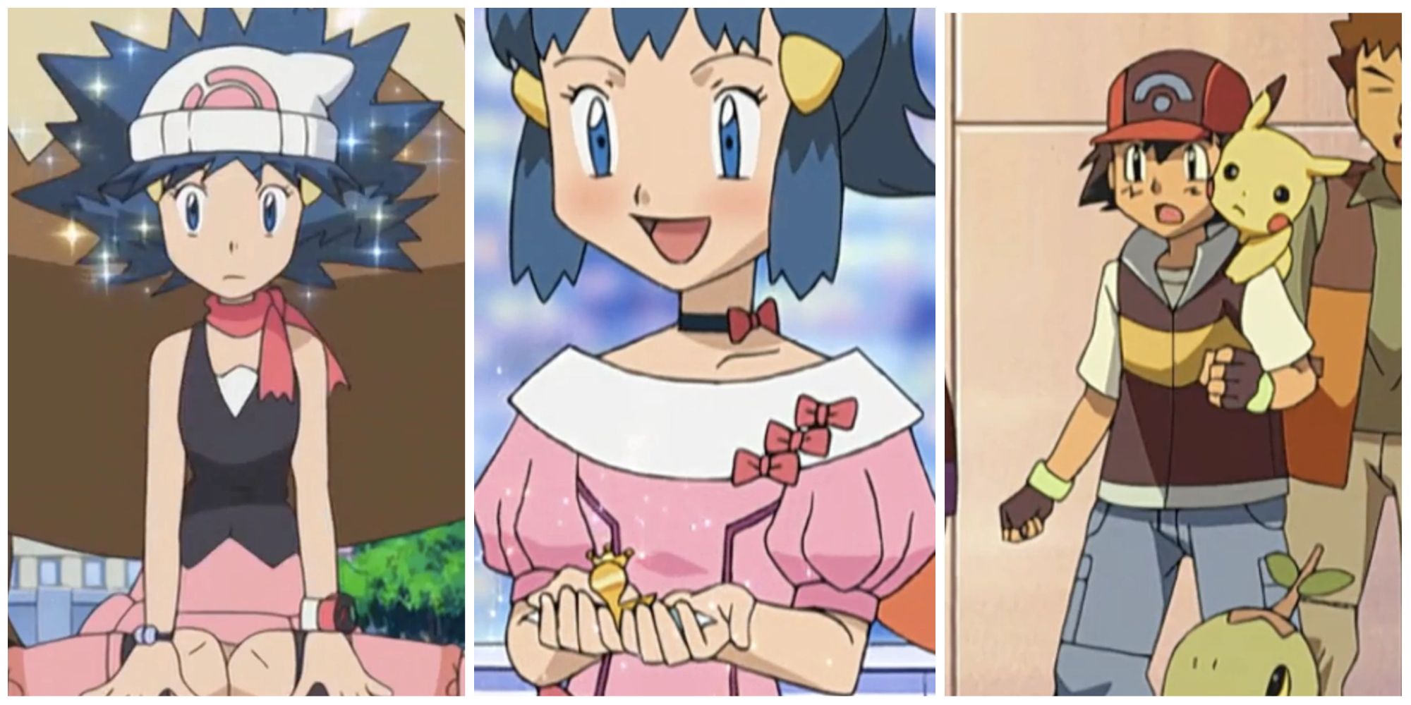 Stills of Dawn and Ash at different moments in the anime. 