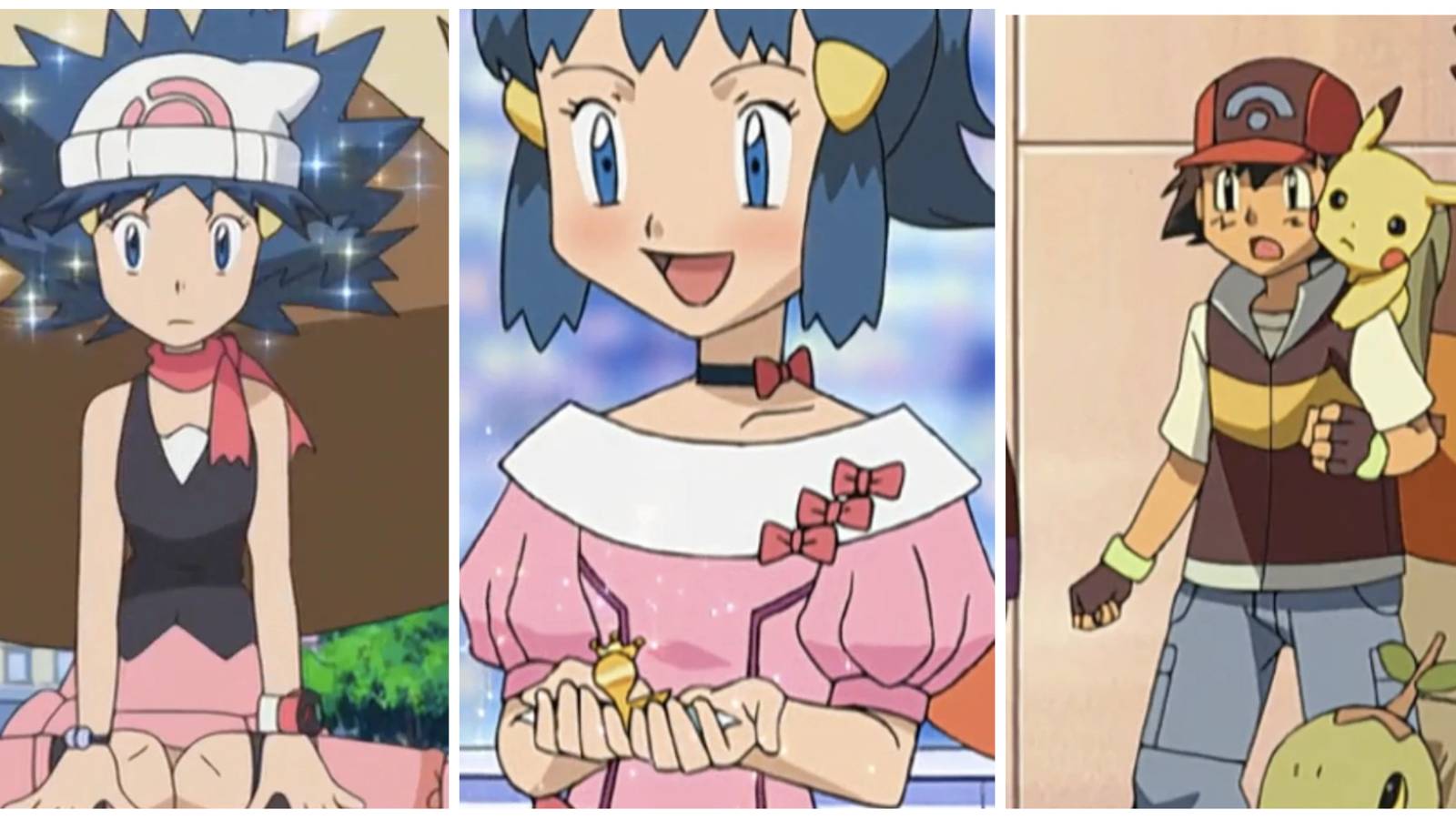 Stills of Dawn and Ash at different moments in the anime. 