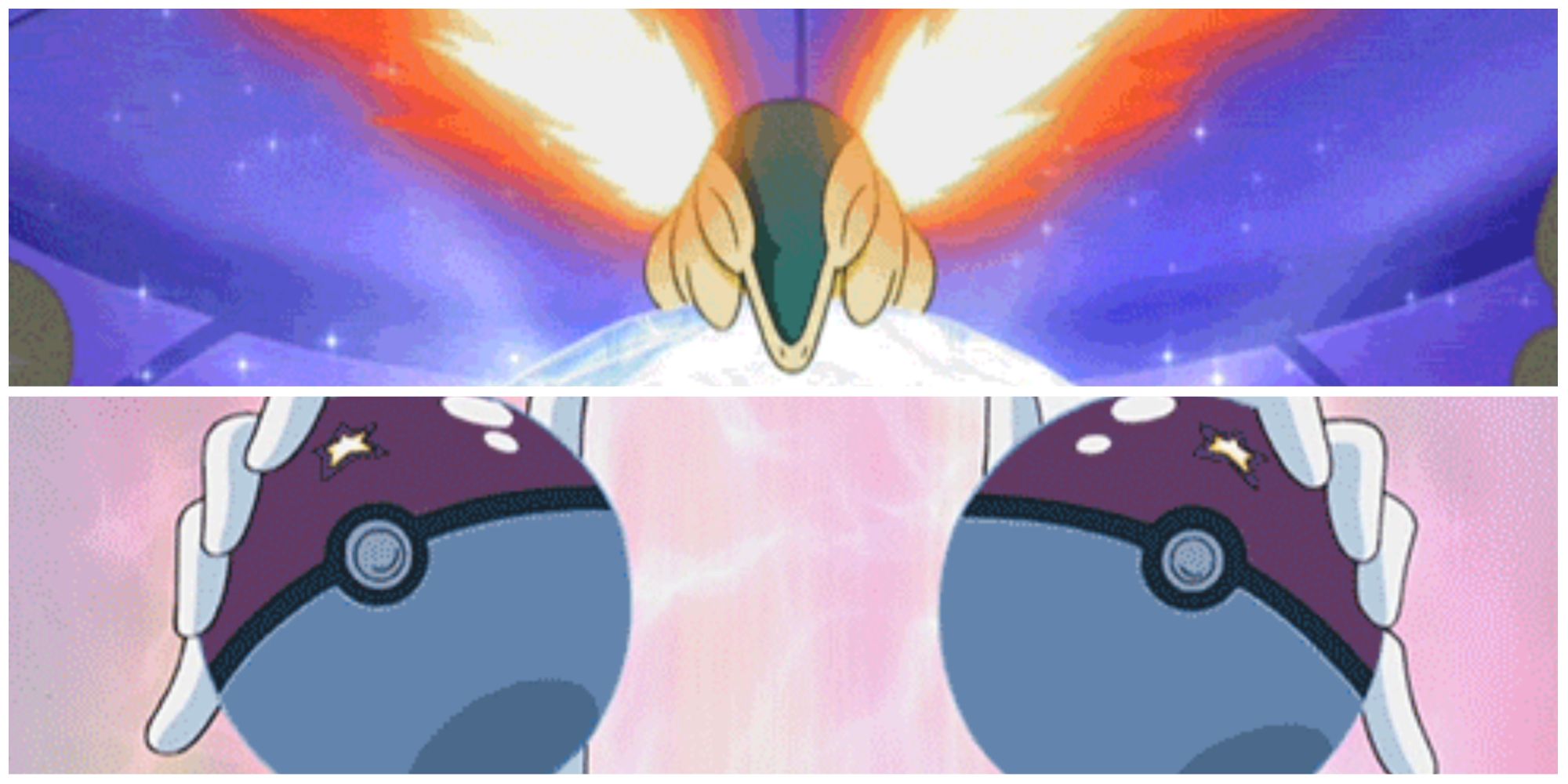 Dawn holding up two Pokeballs concealed by ball capsules and sealed with star seals. And an image of Cyndaquil shooting out flames.