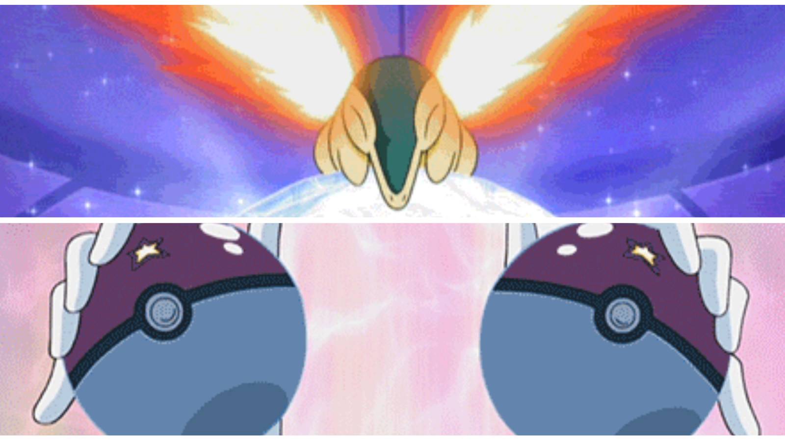 Dawn holding up two Pokeballs concealed by ball capsules and sealed with star seals. And an image of Cyndaquil shooting out flames.