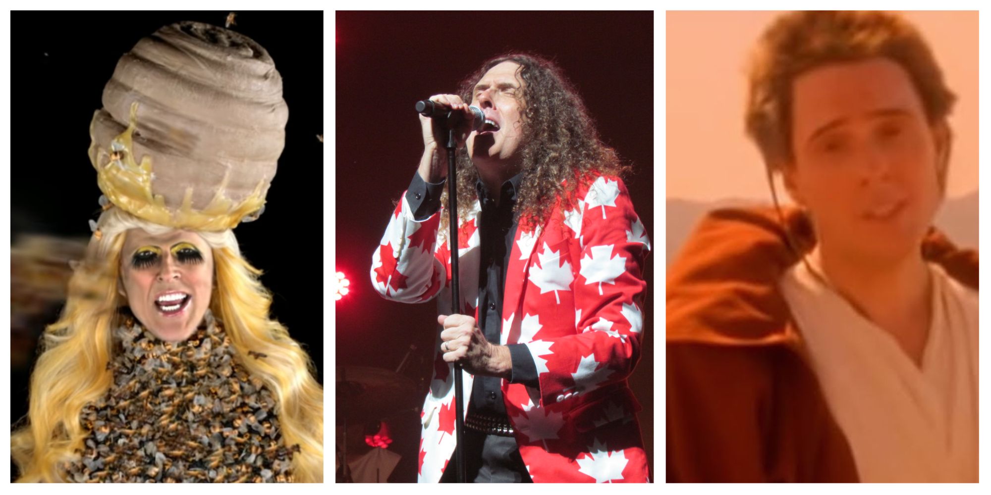 Left: Weird Al dressed in a bee-themed Lady Gaga outfit. Center: Weird Al performing live in concert. Right: Weird Al dressed as young Obi-Wan in 