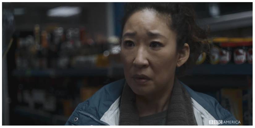 Sandra Oh in Killing Eve looking concerned 