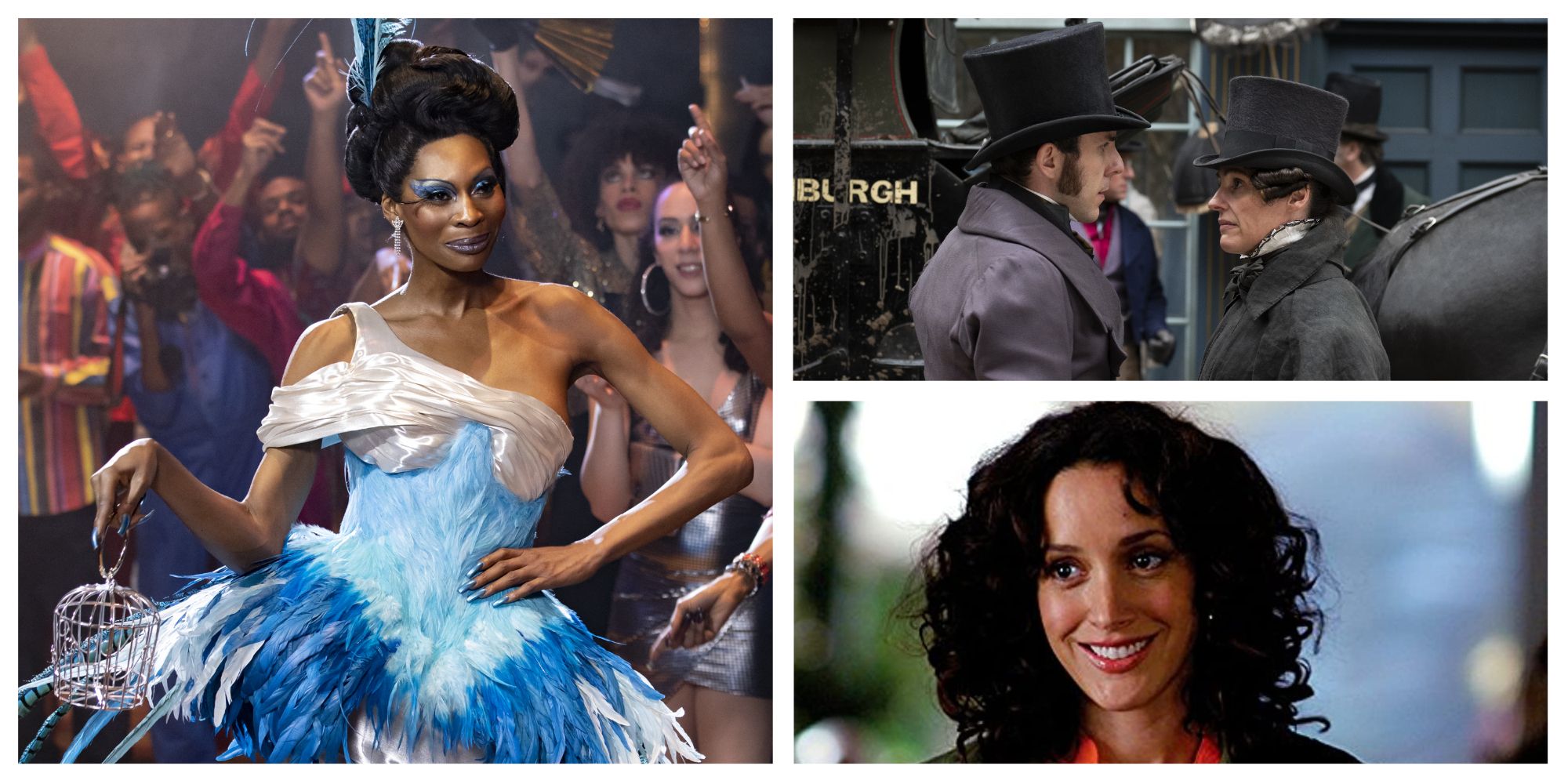 Combined image. Left: Elektra Evangelista in a blue dress, Right: Gentleman Jack facing off with a male character in the show, and an image of Bette from The L Word smiling.