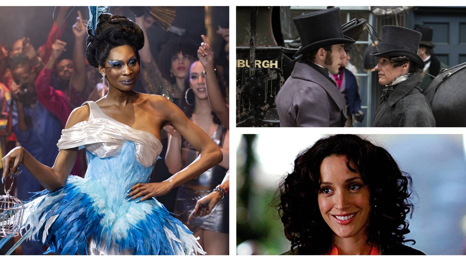 Combined image. Left: Elektra Evangelista in a blue dress, Right: Gentleman Jack facing off with a male character in the show, and an image of Bette from The L Word smiling.