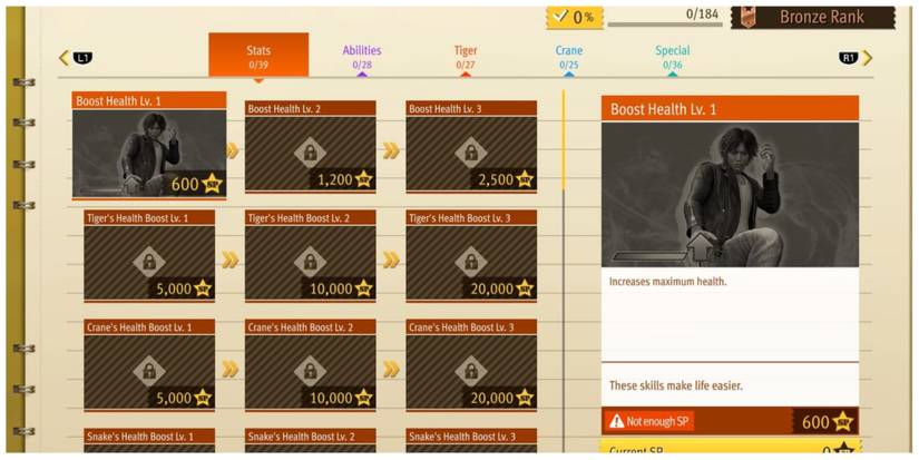Lost Judgment Stats Skill Screen