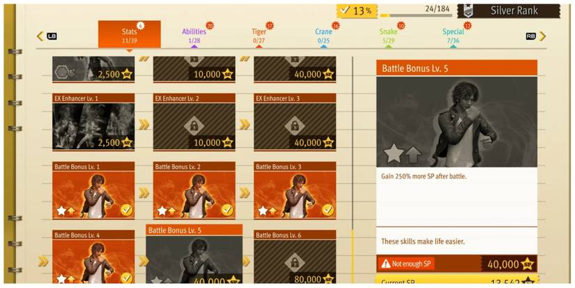 Lost Judgment Stats Skill Screen