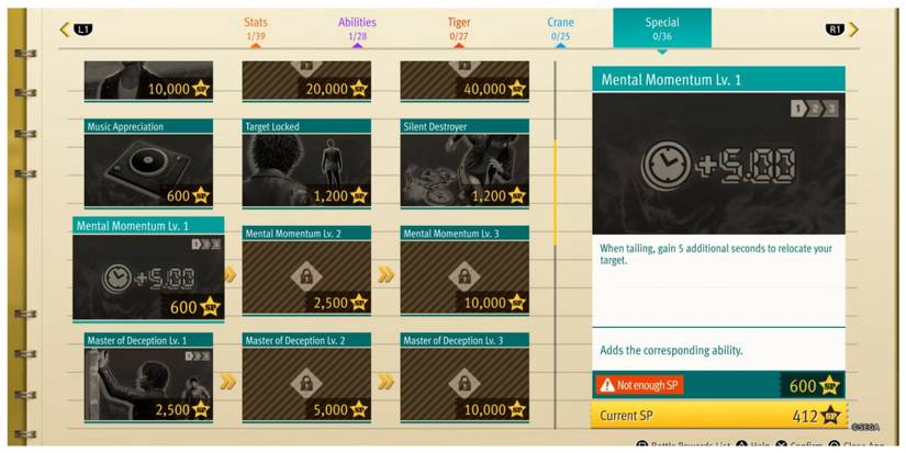 Lost Judgment Special Skills Screen