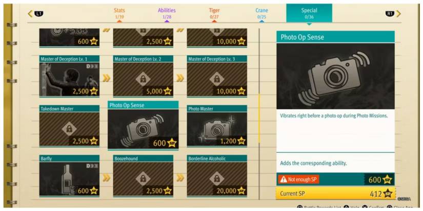 Lost Judgment Special Skills Screen.