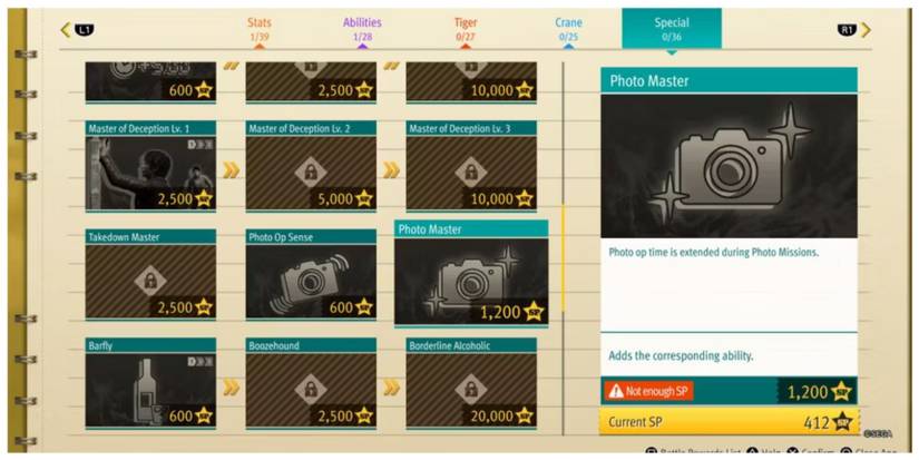 Lost Judgment Special Skills Screen.