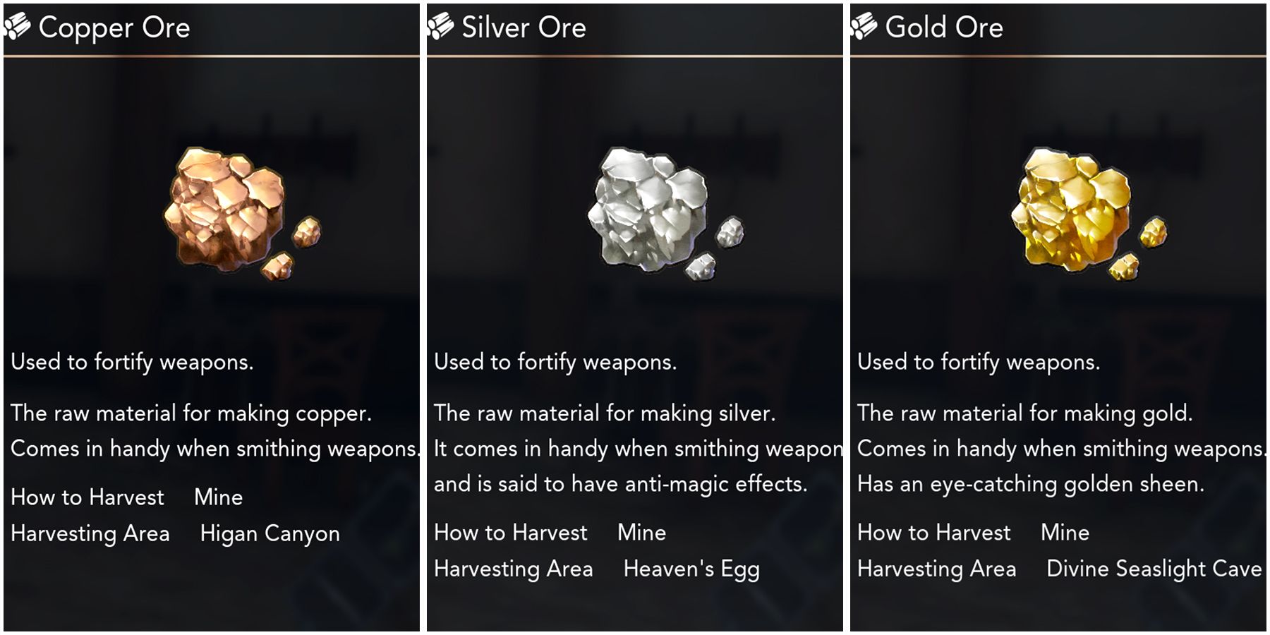 copper-silver-and gold ore in harvestella
