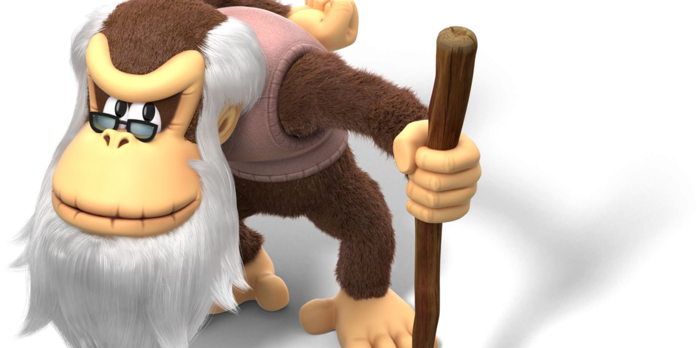 Crankey Kong in a sweater vest, glasses and walking stick