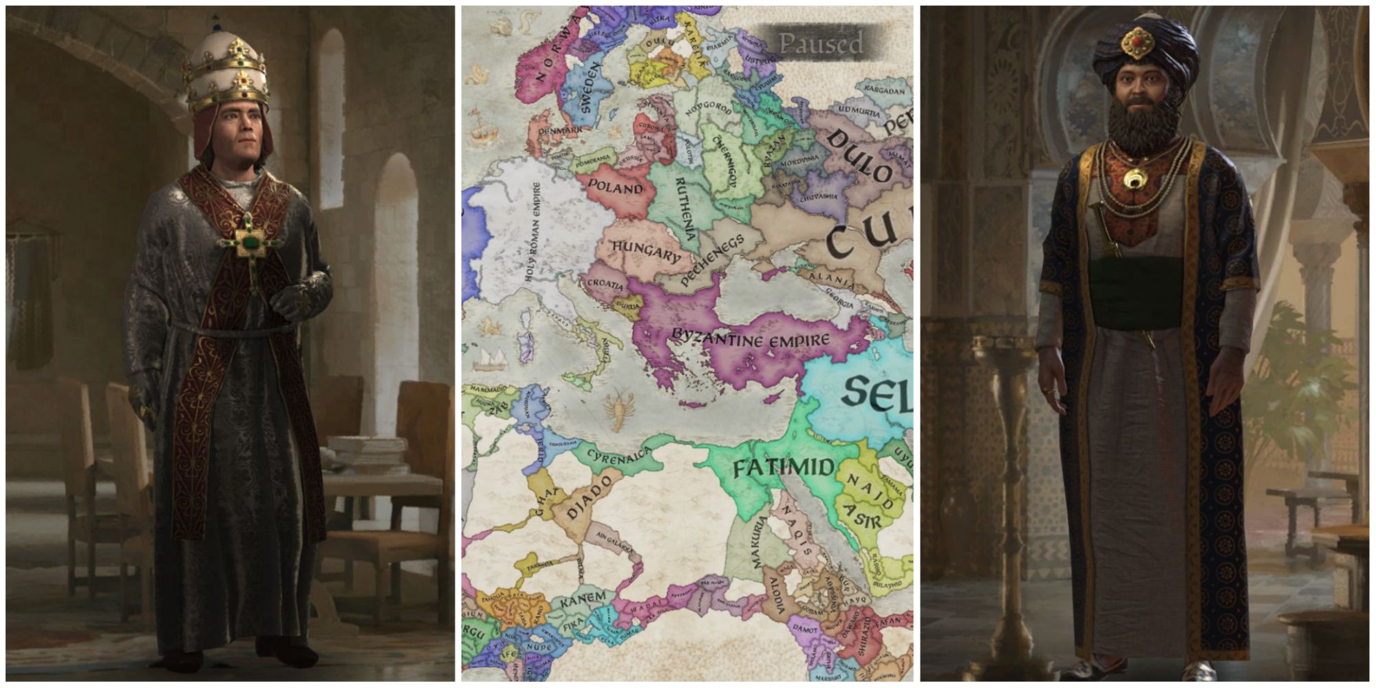 Crusader Kings 3, the Pope, the map and a ruler. 