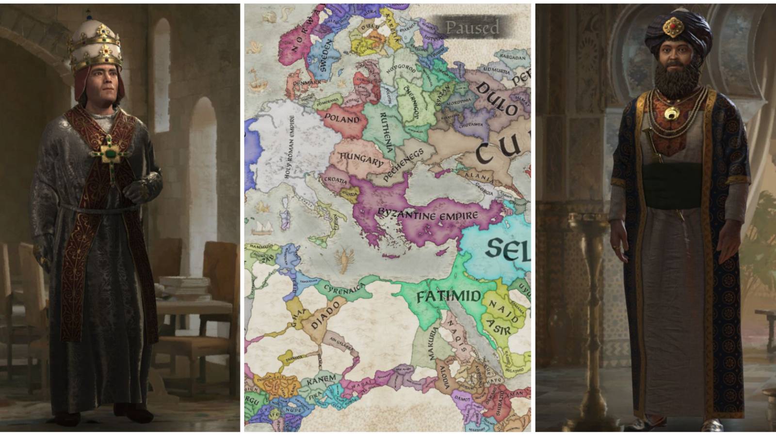 Crusader Kings 3, the Pope, the map and a ruler. 