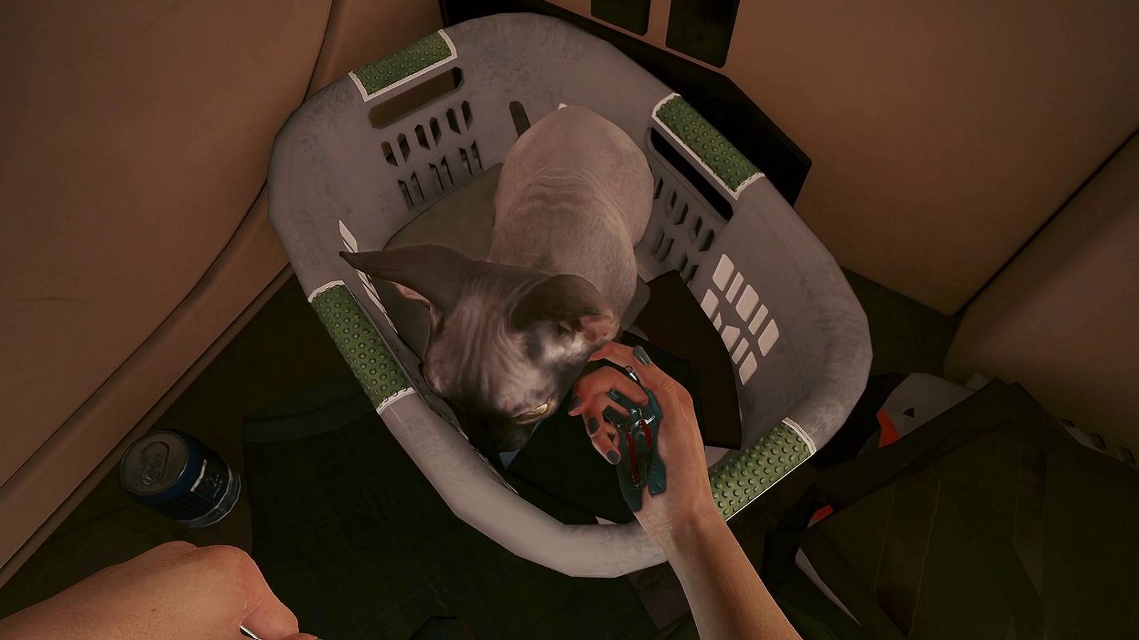 Image from Cyberpunk 2077 showing V reaching down to pet a cat.