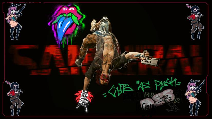 A punked-out V doing a handstand while firing a pistol surrounded by graffiti.