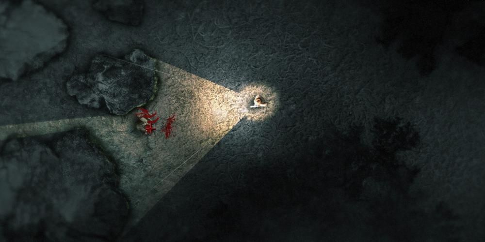 darkwood player using a light source to look at enemies 