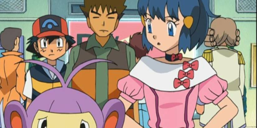 Dawn, Ambipom, Ash, Brock standing in the green room of a contest.