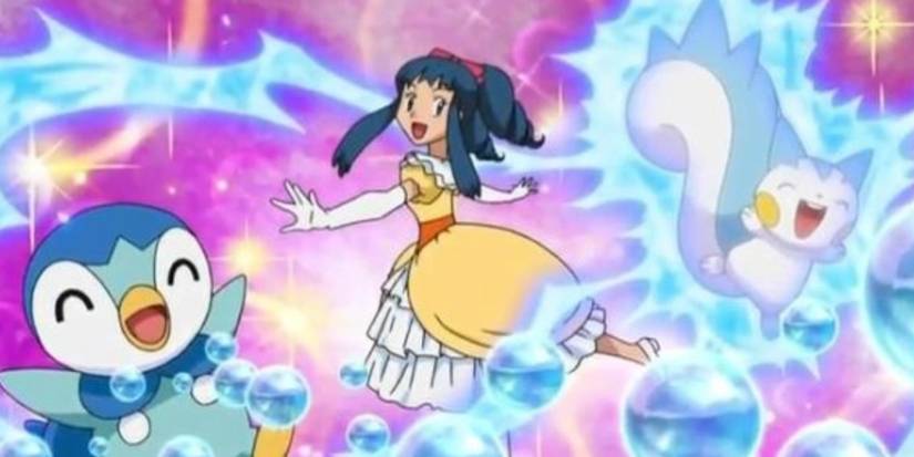 Dawn flourishing as Pachirisu and Piplup let out Discharge and Bubblebeam respectively.