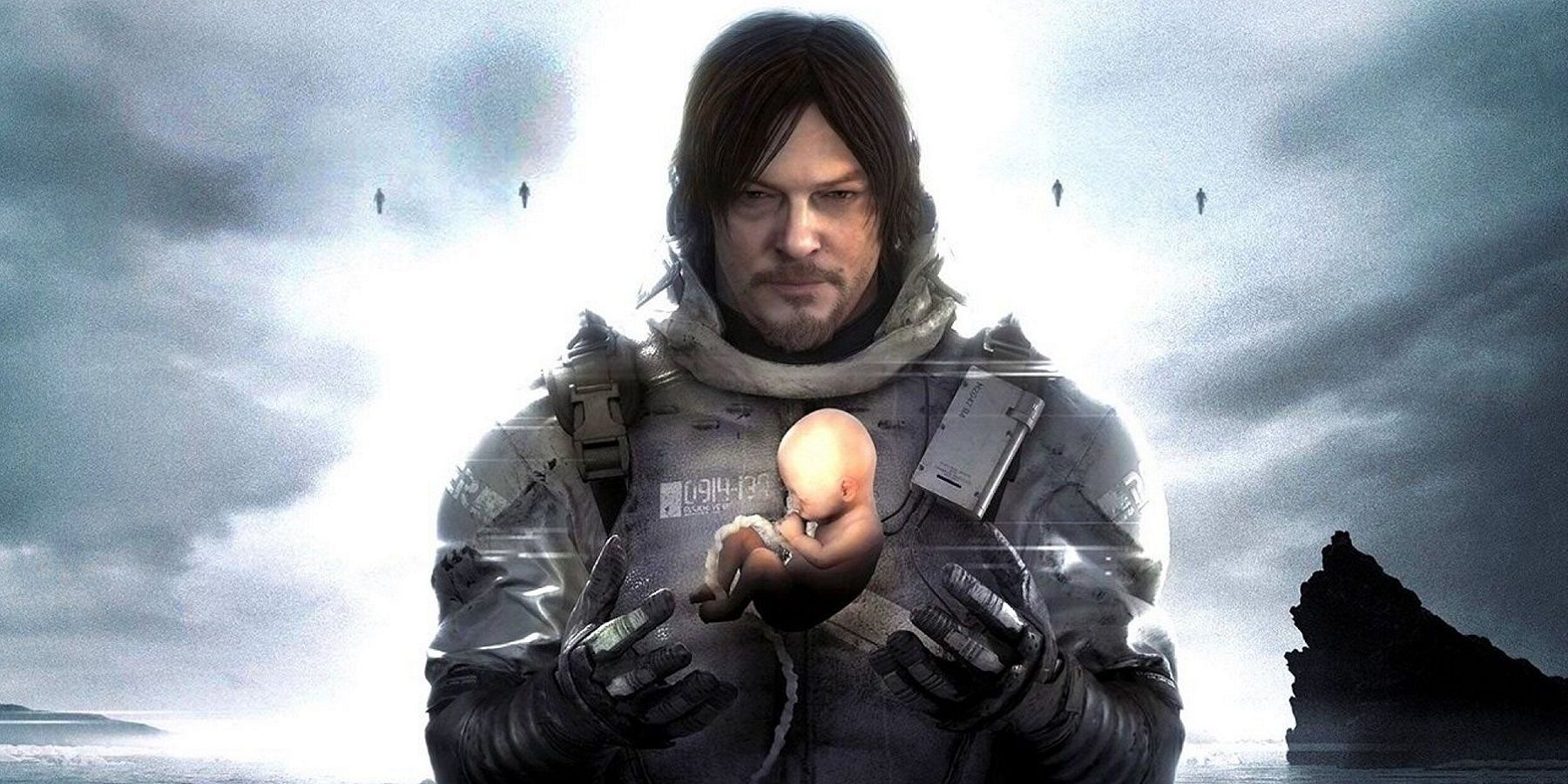 Image from Death Stranding showing protagonist Sam holding a newborn baby.