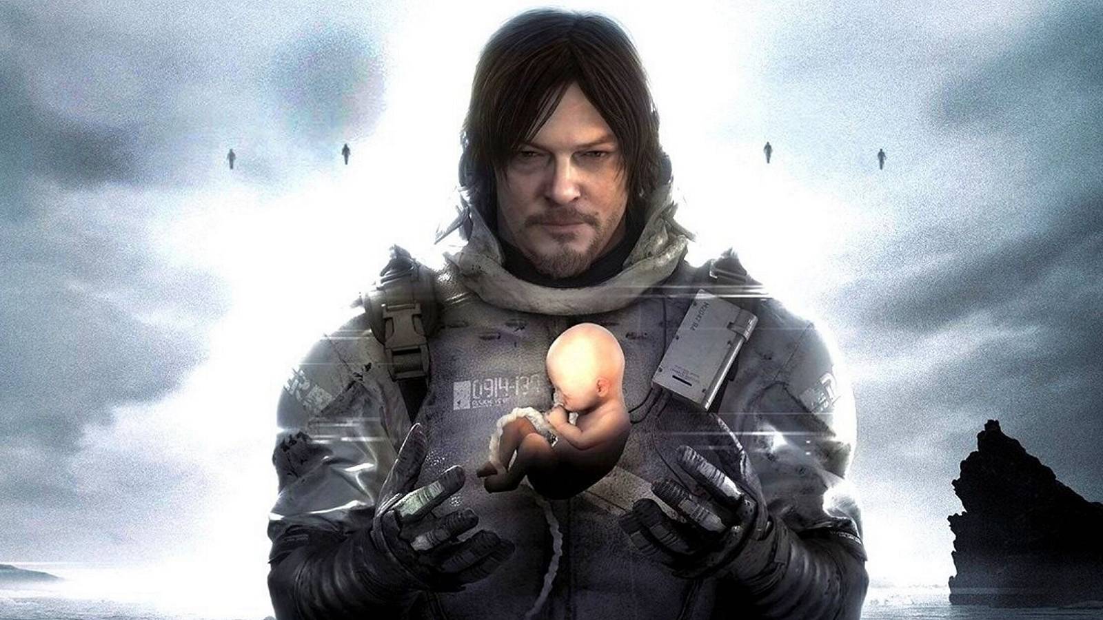 Image from Death Stranding showing protagonist Sam holding a newborn baby.