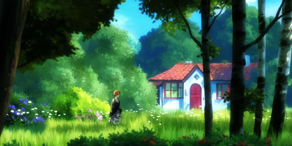 A screenshot of the eponymous main character in a field in Forgotton Anne