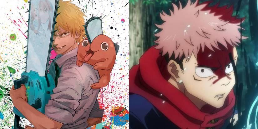 Split image of Denji from chainsaw man and Yuji from Jujutsu Kaisen