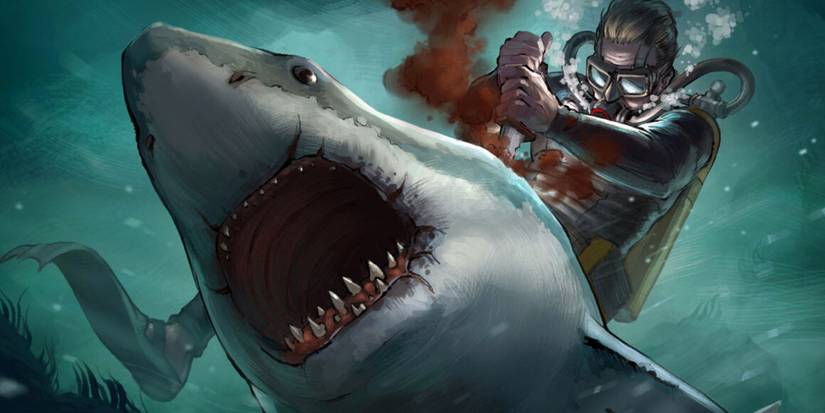 diver fights shark in Depth