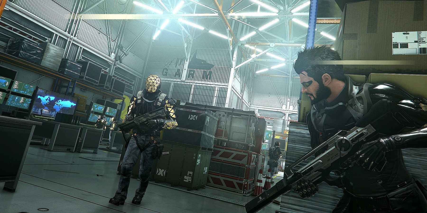 Screenshot from Deus Ex Mankind Divided showing Adam Jensen hiding from a patrolling enemy.