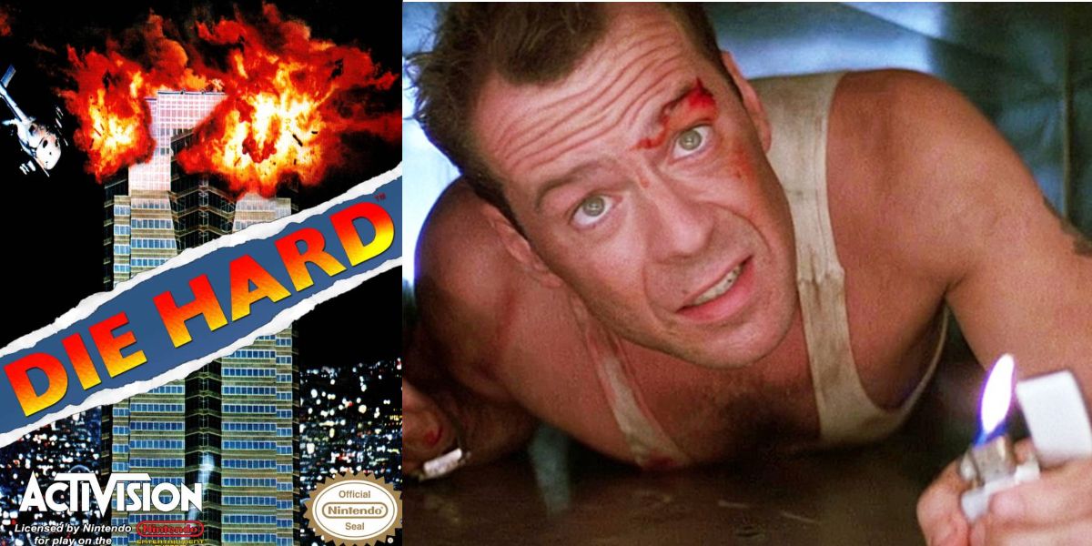 Die Hard game cover next to John McClane in the vent from the movie