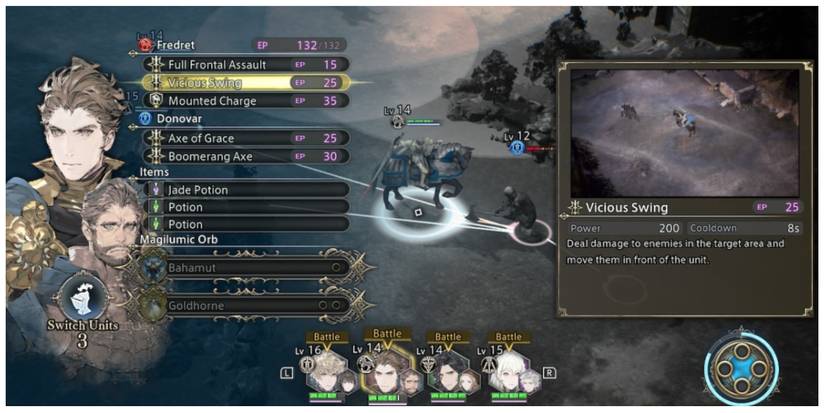 battle screen showing Donovar and his skills in The DioField Chronicle