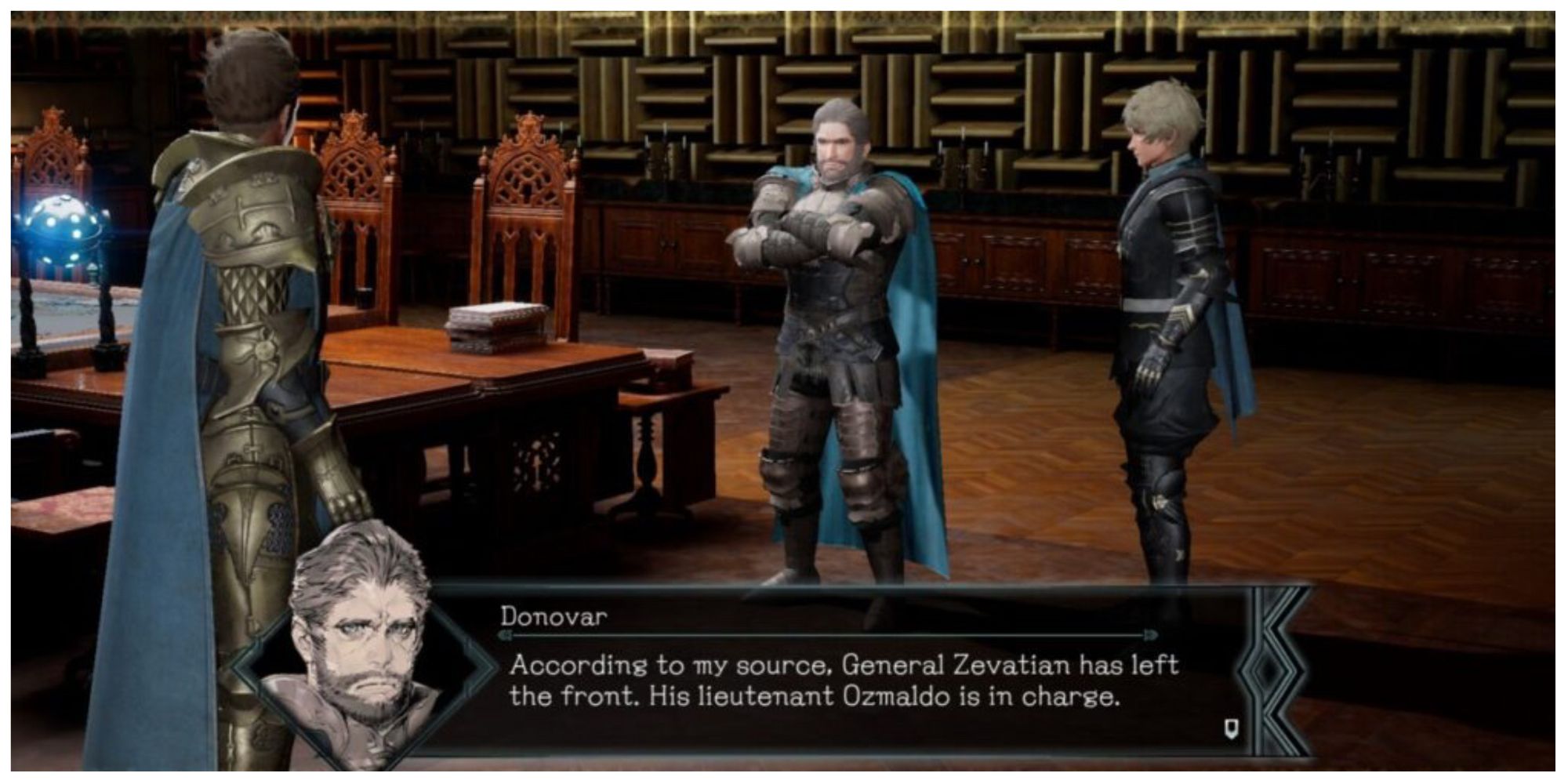 Donovar talking to Andrias and Fredret in The DioField Chronicle