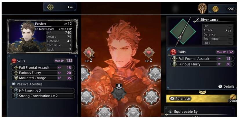 Fredret's Skill screen in The DioField Chronicle