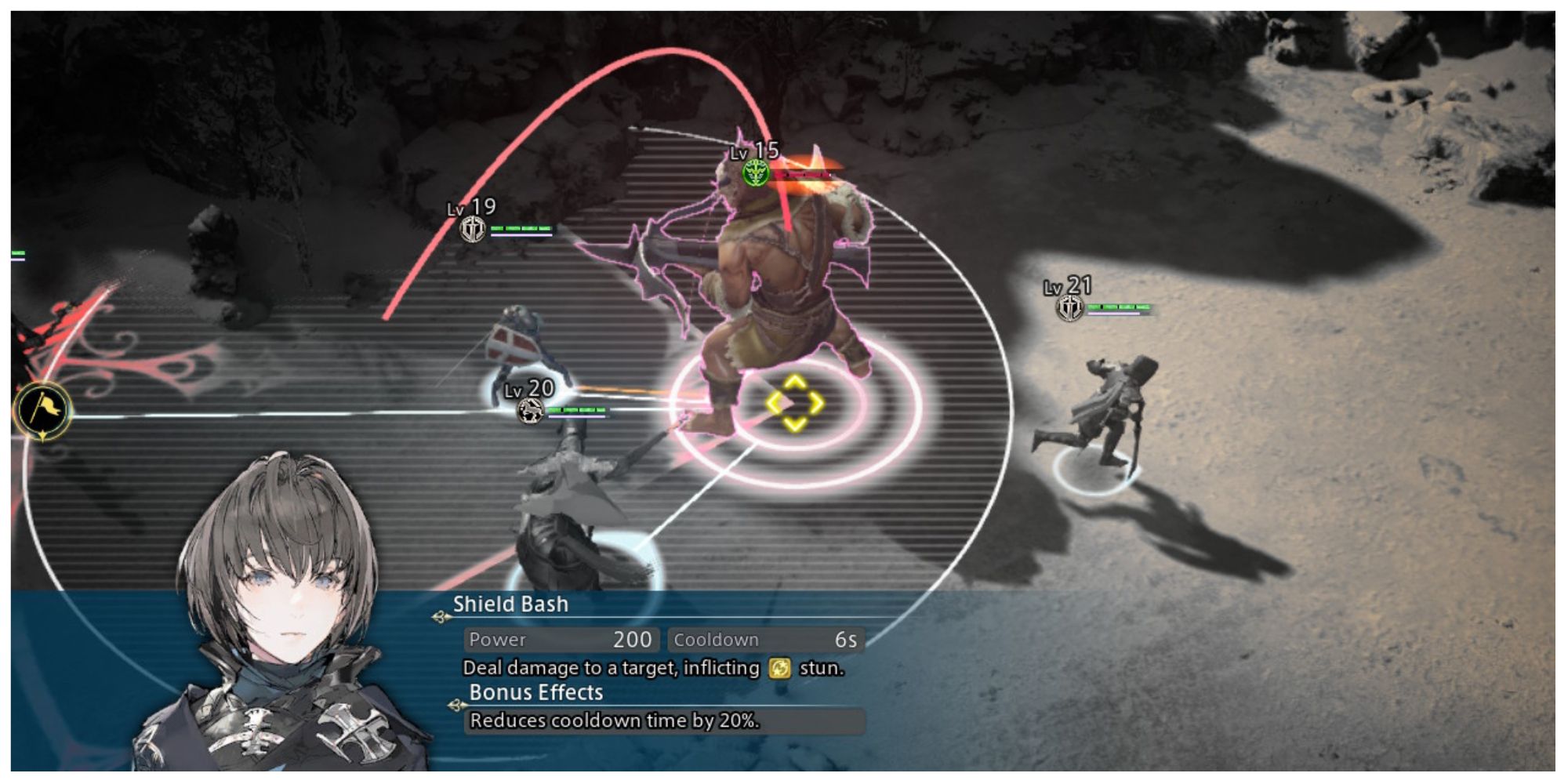 Battle scene showing Izelair and her Shield Bash skill in The DioField Chronicle