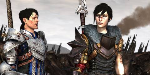 the protagonist of Dragon Age 2 talking with an NPC